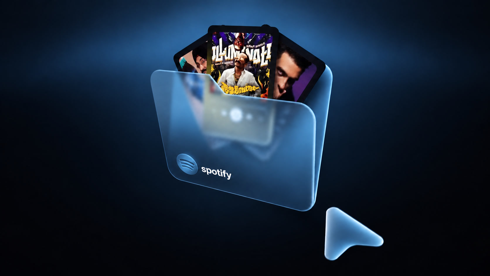 Una cartella di file digitale con copertine musicali e il logo Spotify